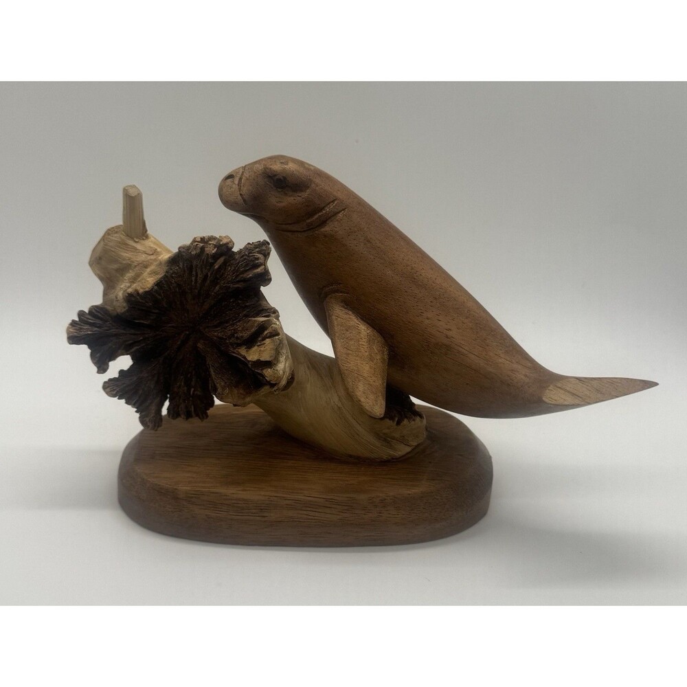 Wooden Manatee Sculpture 5.5”x 7", Hand Carved, Wood Carving, Ocean, Sea Animal